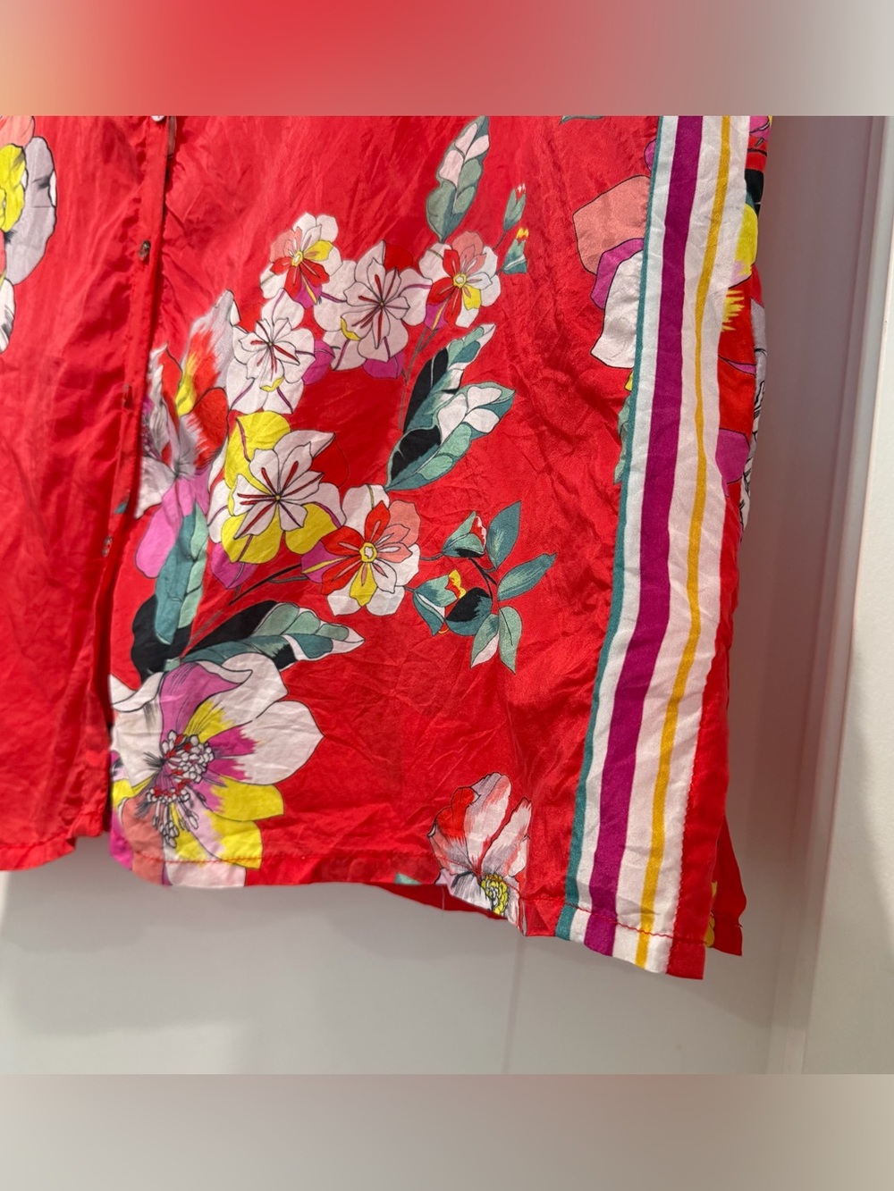 Johnny Was Silk Woven Red Floral Collared Button-Up Blouse 3/4 Sleeve L - Picture 5 of 10
